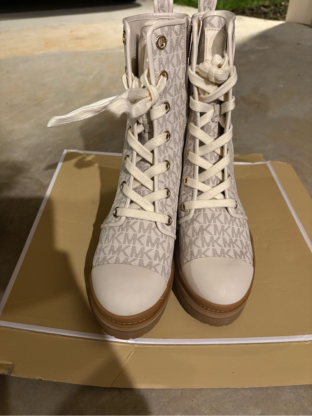 Michaels Cream Lace-Up MK Monogram Combat Boots